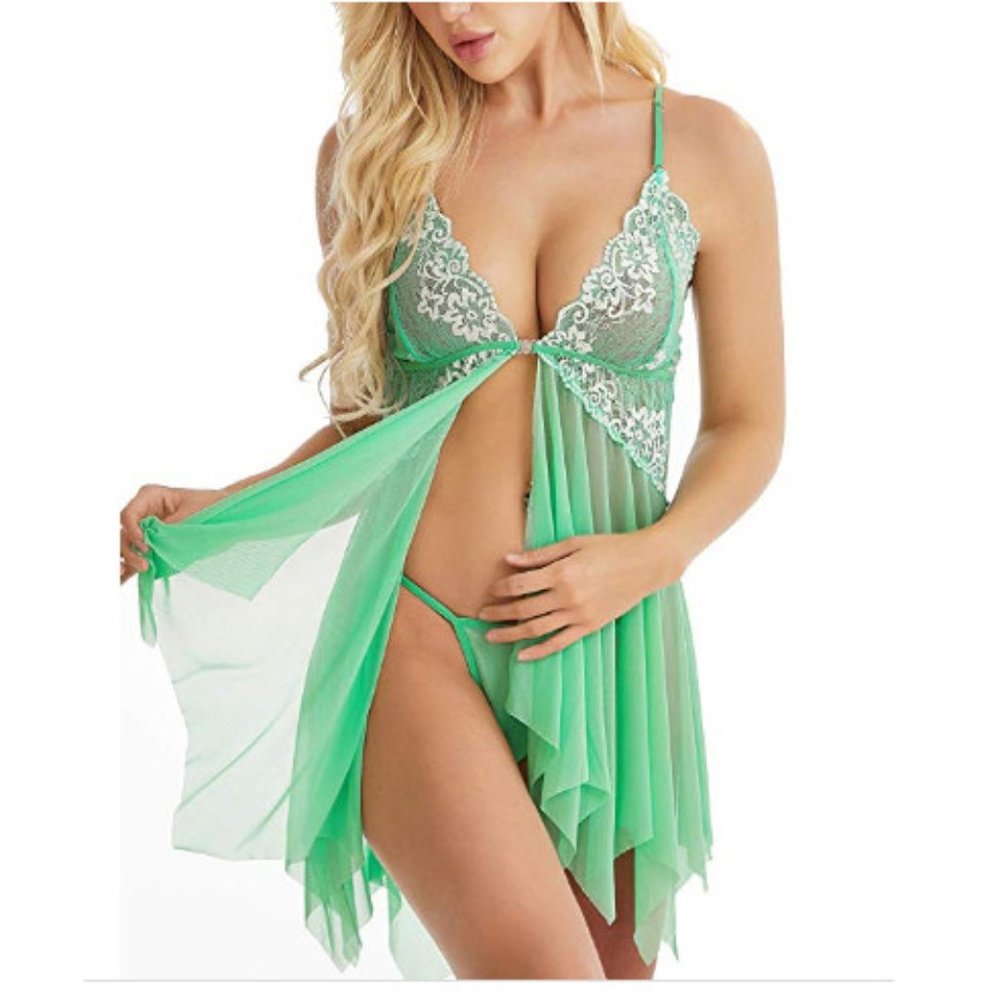 V Neck Front Closure Lace Chemise Babydoll